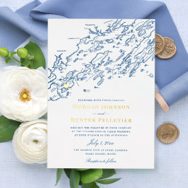Invitación Con Relieve Metalizado Isla de los Picos Maine Boda Elegante Marina y Oro
