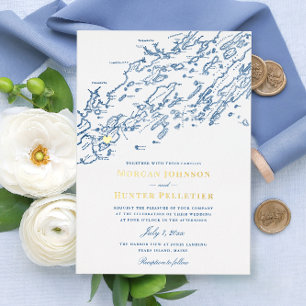 Invitación Con Relieve Metalizado Isla de los Picos Maine Boda Elegante Marina y Oro