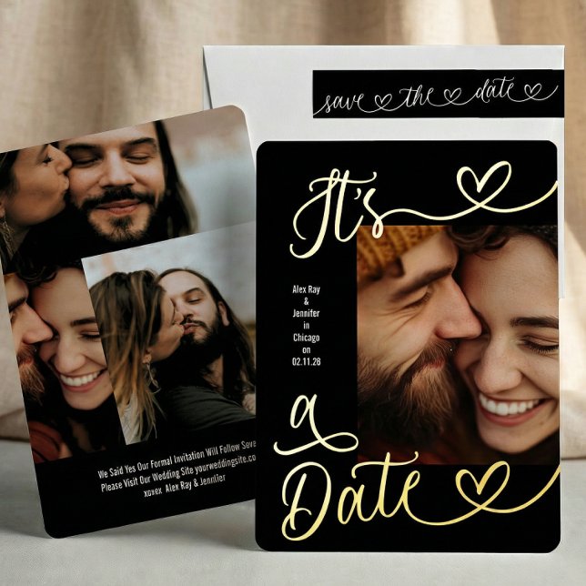 Invitación Con Relieve Metalizado It's A Date Black White Photo Collage Gold Hearts (Subido por el creador)