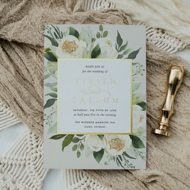 Invitación Con Relieve Metalizado Ivory Bloom | Boda de marco floral acuarela (Subido por el creador)