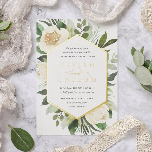 Invitación Con Relieve Metalizado Ivory Bloom | Boda de marco floral geométrico (Subido por el creador)