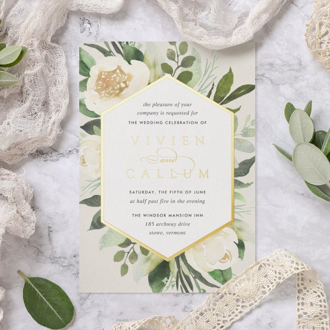 Invitación Con Relieve Metalizado Ivory Bloom | Boda de marco floral geométrico (Subido por el creador)