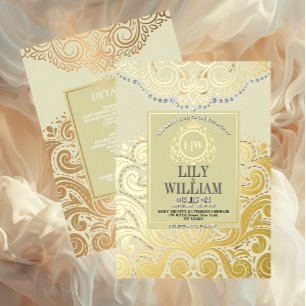 Invitación Con Relieve Metalizado Ivory Elegant Artdeco Diamond Monograma Boda