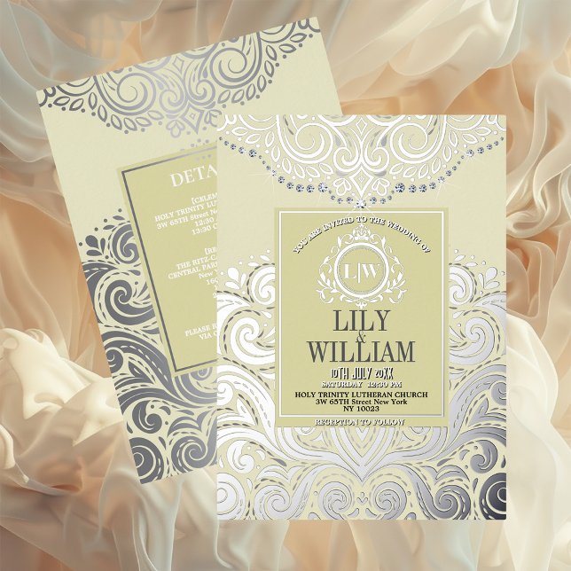 Invitación Con Relieve Metalizado Ivory Elegant Artdeco Diamond Monograma Boda (Luxurious Elegant Classic Boho Wedding Invitation - Real Foil and Monogram)