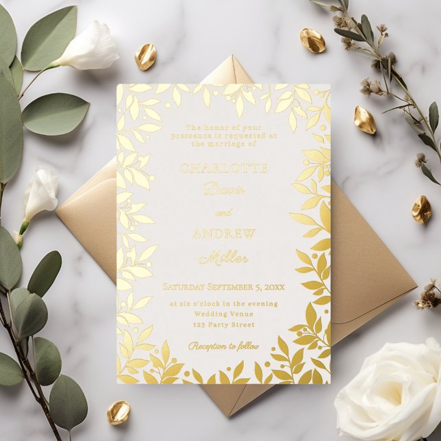 Invitación Con Relieve Metalizado Ivory gold botanical leaves luxury wedding (Subido por el creador)