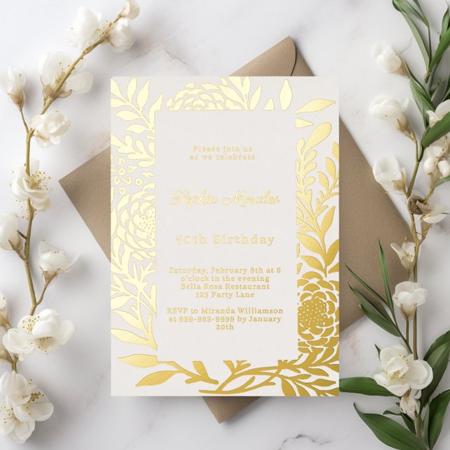 Invitación Con Relieve Metalizado Ivory gold botanical luxury birthday (Subido por el creador)