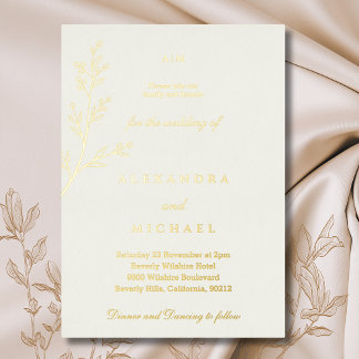Invitación Con Relieve Metalizado Ivory Monogram Botanical Minimalist Gold
