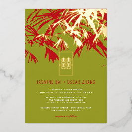 Invitación Con Relieve Metalizado Jade Green & Red Zen Bamboo deja Boda chino
