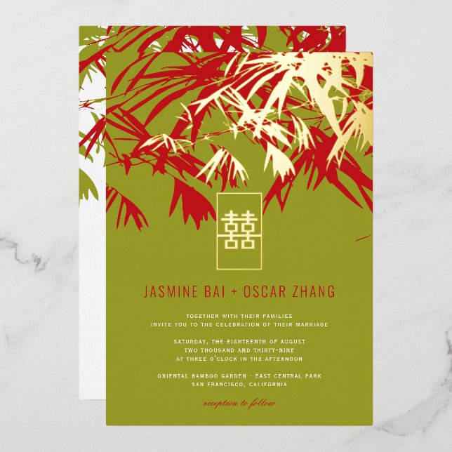Invitación Con Relieve Metalizado Jade Green & Red Zen Bamboo deja Boda chino (Anverso/Reverso)