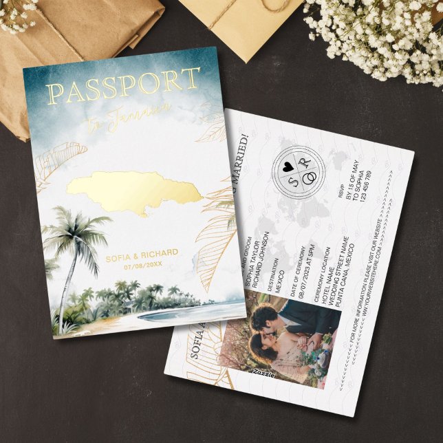 Invitación Con Relieve Metalizado Jamaica Destination Wedding Passport Gold (gold foil Jamaica passport wedding invitation)