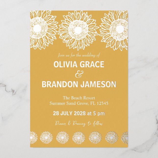 Invitación Con Relieve Metalizado Jardín amarillo girasoles Boda floral moderno (Anverso)