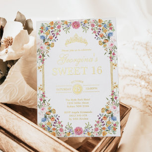 Invitación Con Relieve Metalizado Jardín Colorido Boho Flores Cumpleaños Dulces 16