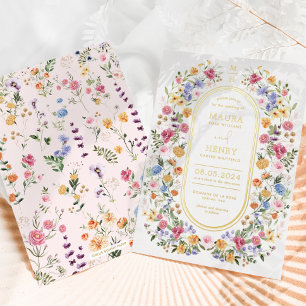 Invitación Con Relieve Metalizado Jardín de Boda en un Colorido Prado de Flores Silv