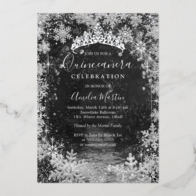 Invitación Con Relieve Metalizado Jardín de copas de nieve Quinceanera (Anverso)