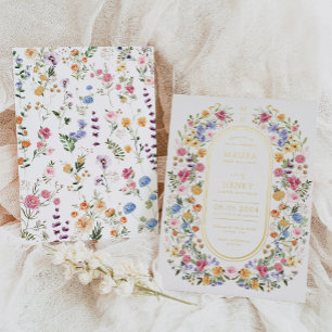 Invitación Con Relieve Metalizado Jardín de flores silvestres coloridas para boda