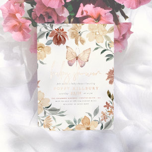 Invitación Con Relieve Metalizado Jardín de flores silvestres de mariposa brillante