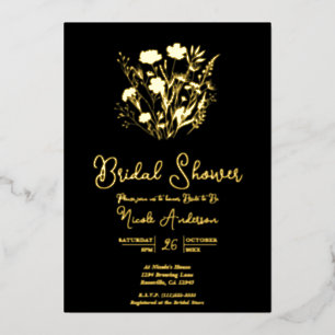 Invitación Con Relieve Metalizado Jardín de Flores Silvestres Real Gold Bridal Showe