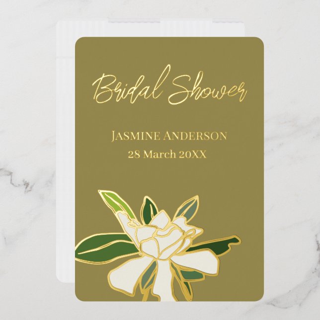Invitación Con Relieve Metalizado Jardín de Gardenia Floral Blanco Simple Ducha de N (Sobre)