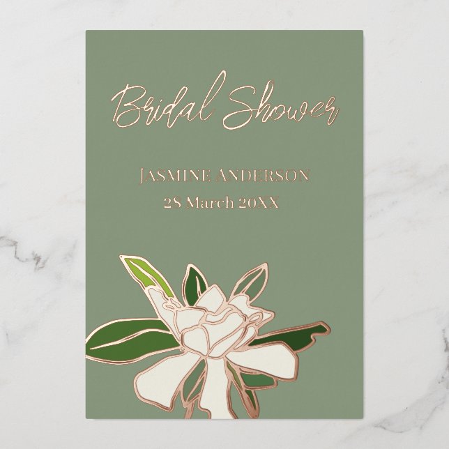 Invitación Con Relieve Metalizado Jardín de Gardenia Floral Blanco Simple Ducha de N (Anverso)