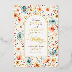 Invitación Con Relieve Metalizado Jardín de pradera de flores silvestres boho floral