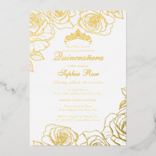 Invitación Con Relieve Metalizado Jardín de Rosas de Oro Blanco Quinceañera