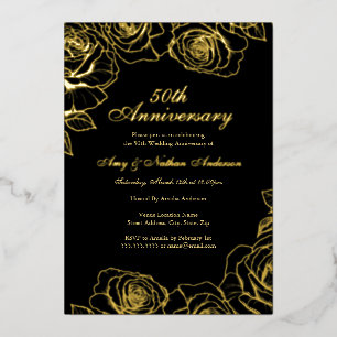 Invitación Con Relieve Metalizado Jardín de Rosas de Oro Negro 50 Aniversario de Bod