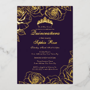 Invitación Con Relieve Metalizado Jardín de Rosas de Oro Púrpura Quinceañera