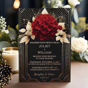 Invitación Con Relieve Metalizado Jardín de Rosas Diamante Rojo Negro y Bodas de Oro