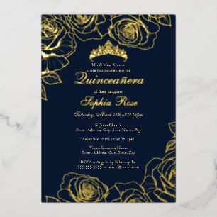 Invitación Con Relieve Metalizado Jardín de rosas doradas de la Marina para Quinceañ