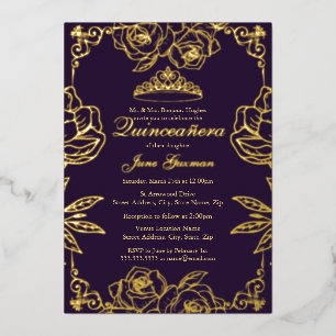Invitación Con Relieve Metalizado Jardín de Rosas Doradas Púrpura Quinceañera