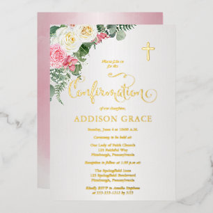 Invitación Con Relieve Metalizado Jardín de Rosas Elegante - Confirmación de Niña - 