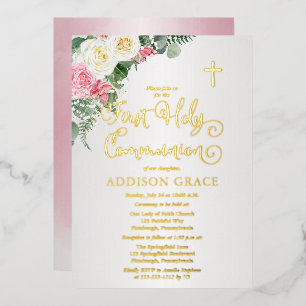 Invitación Con Relieve Metalizado Jardín de Rosas Elegante - Primera Comunión de la 