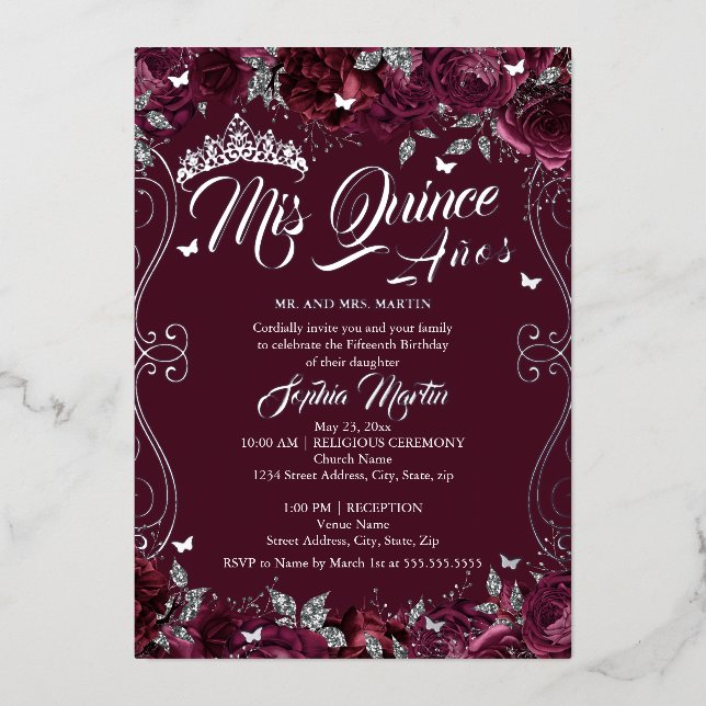 Invitación Con Relieve Metalizado Jardín floral Borgoña Mis Quince Quinceanera (Anverso)