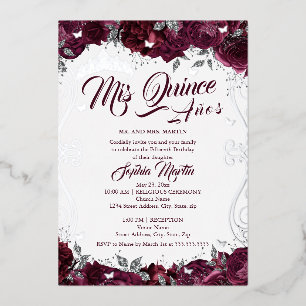 Invitación Con Relieve Metalizado Jardín Floral de Borgoña Mis Quince Quinceañera