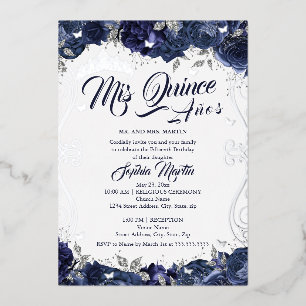 Invitación Con Relieve Metalizado Jardín Floral de la Marina en Plata Mis Quince Qui