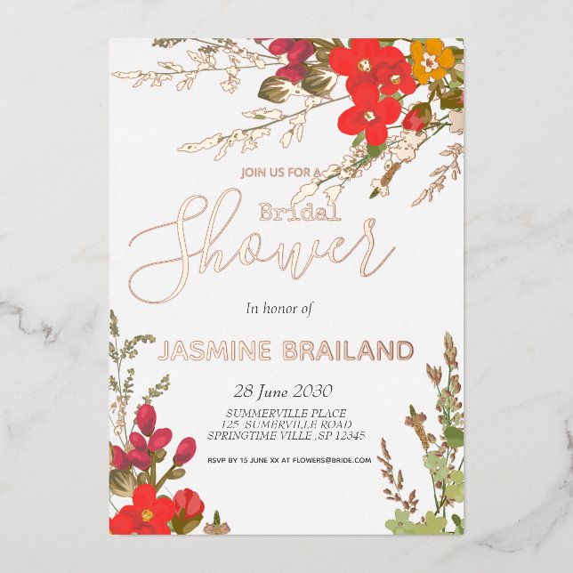 Invitación Con Relieve Metalizado Jardín floral de verano Flores silvestres ducha de (Anverso)