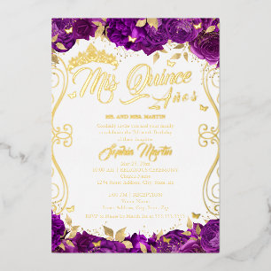 Invitación Con Relieve Metalizado Jardín Floral Dorado Quinceañera Morada Mis Quince