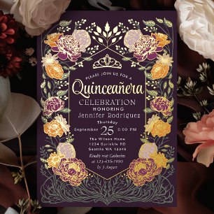 Invitación Con Relieve Metalizado Jardín Floral Encantado de Púrpura Quinceañera