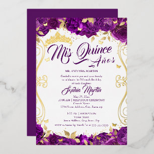 Invitación Con Relieve Metalizado Jardín Floral Morado Mis Quince Quinceañera