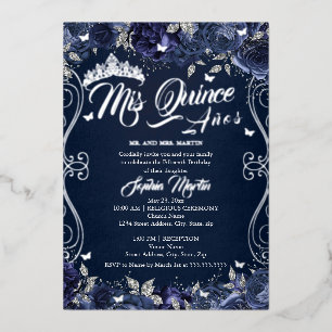 Invitación Con Relieve Metalizado Jardín Floral Navy Silver Mis Quince Quinceañera