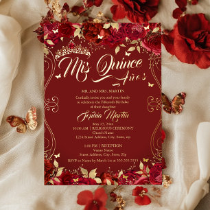 Invitación Con Relieve Metalizado Jardín Floral Pergamino Rubí Mis Quince Quinceañer