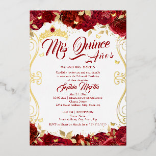 Invitación Con Relieve Metalizado Jardín Floral Rojo Rollo Mis Quince Quinceañera