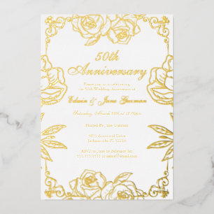 Invitación Con Relieve Metalizado Jardín Rosa de Oro Blanco 50 Aniversario Boda