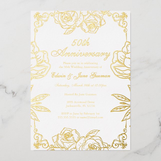 Invitación Con Relieve Metalizado Jardín Rosa de Oro Blanco 50 Aniversario Boda (Anverso)