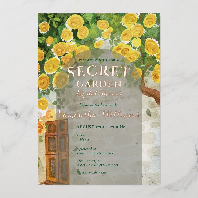 Invitación Con Relieve Metalizado Jardín Secreto Encantado Rosas Amarillas Ducha Bri (Anverso)