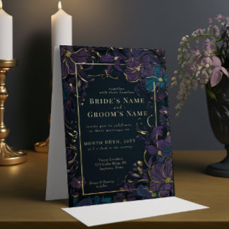 Invitación Con Relieve Metalizado Jewel Tone Purple and Teal Flowers