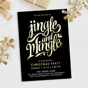 Invitación Con Relieve Metalizado Jingle And Mingle Elegante Caligrafía en Negro y O