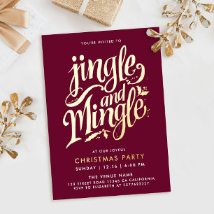 Invitación Con Relieve Metalizado Jingle And Mingle Moderno Burgundy Oro Caligrafía