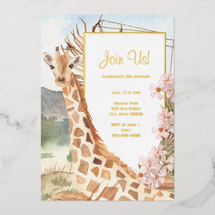 Invitación Con Relieve Metalizado Jirafa en la sabana africana Fiesta de cumpleaños 