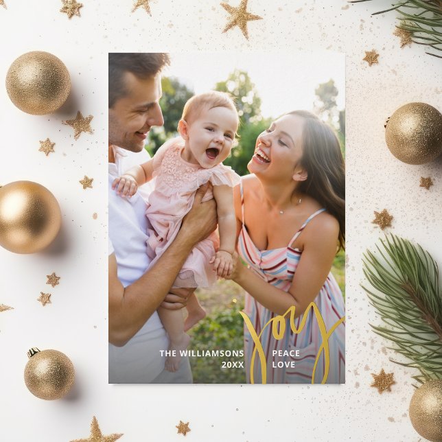Invitación Con Relieve Metalizado Joy Peace Love Navidades Calligraphy 2 Fotos Gold (Subido por el creador)